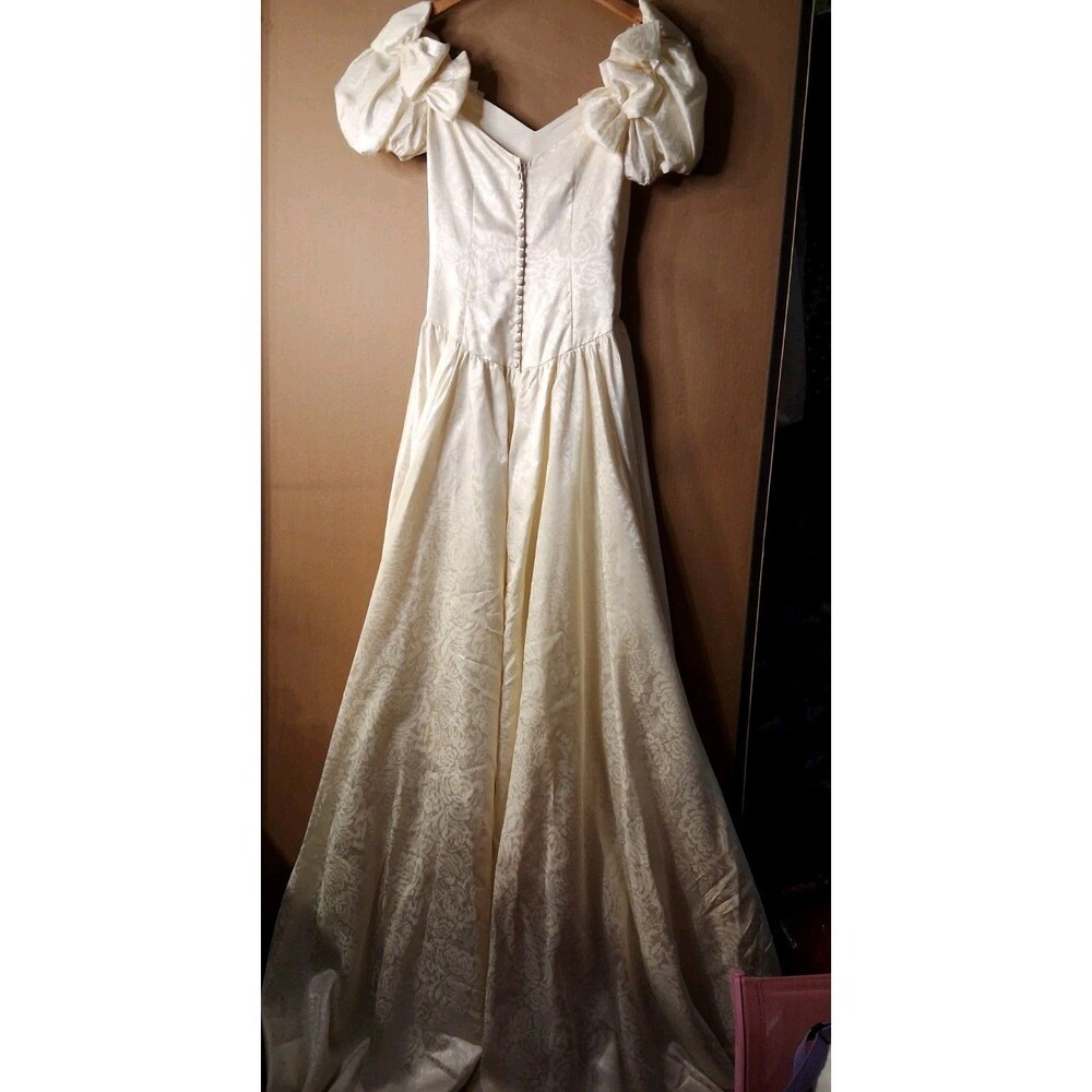 Vintage 80s 90s Satin Wedding Gown with Cathedral Train Romantic Brocade Floral - Picture 6 of 16